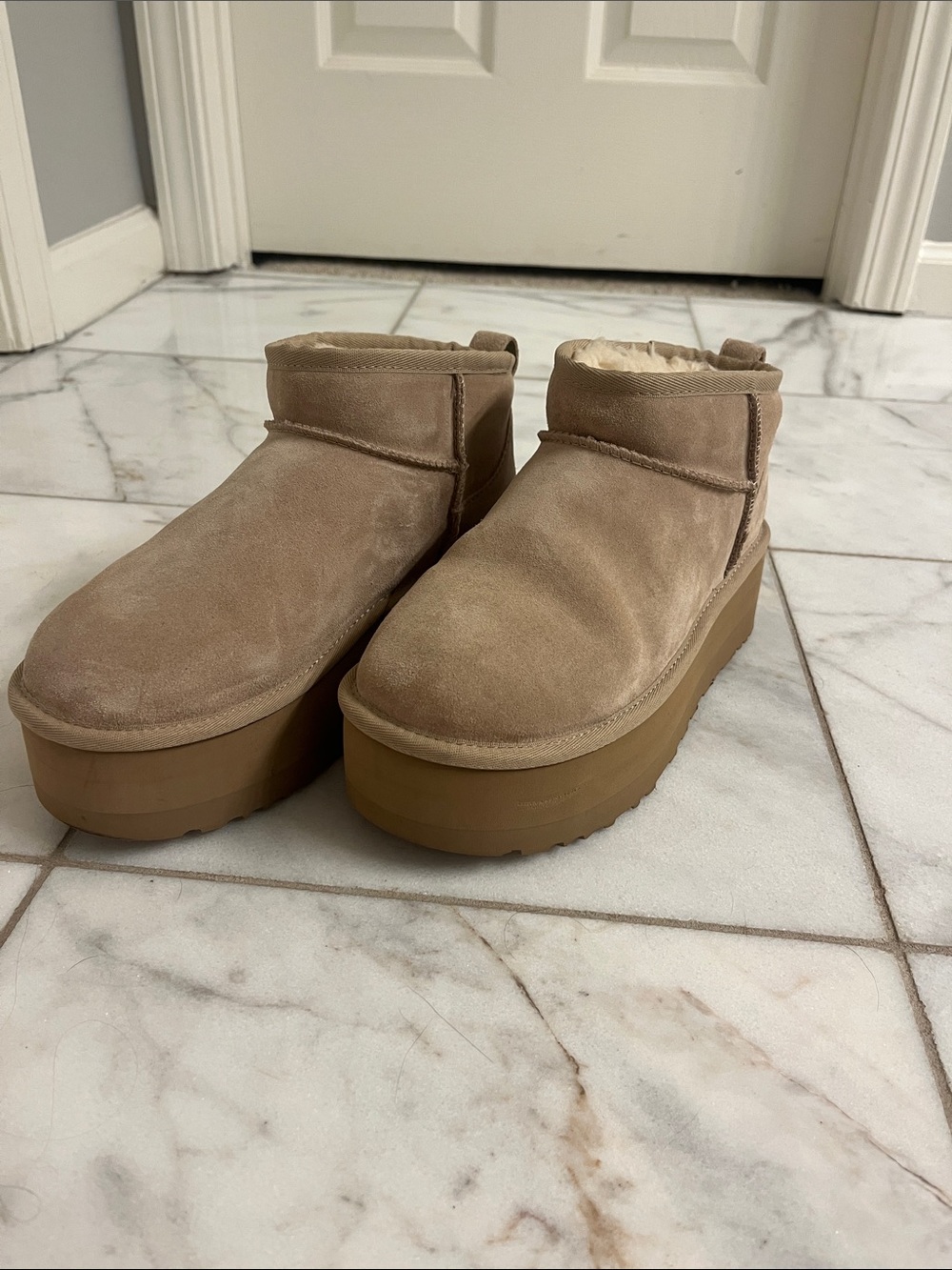 UGG Beige Suede Platform Ankle Booties